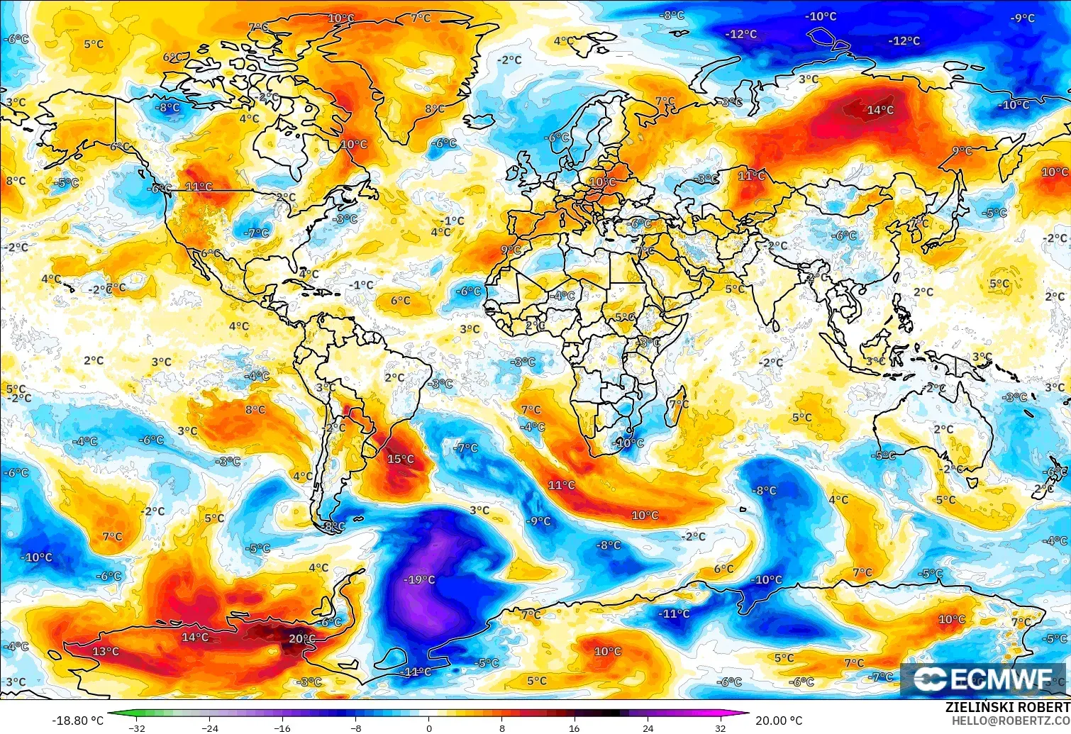 ECMWF IFS 0.25° modelo - Mundo, Anomalía de temperatura a 850 hPa