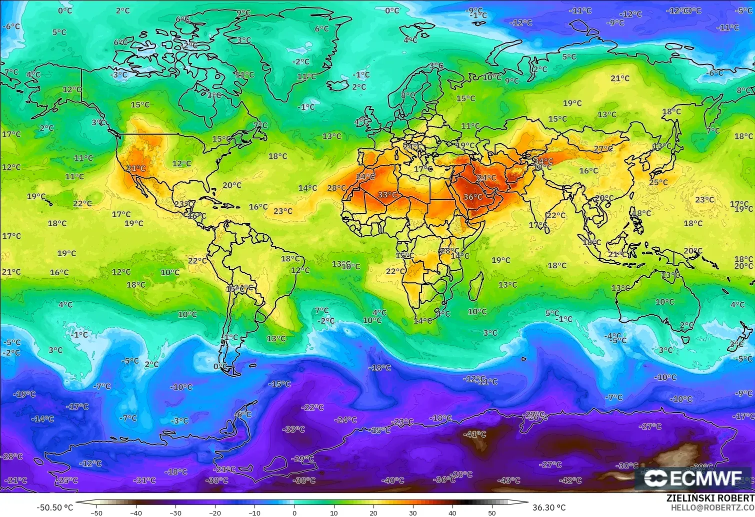 ECMWF IFS 0.25° modelo - Mundo, Temperatura a 850 hPa