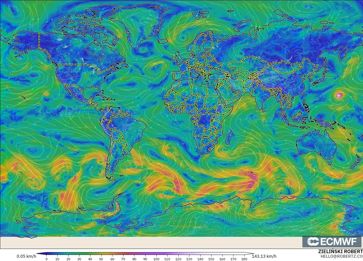ECMWF IFS 0.25° modelo - Mundo, Viento a 10 m