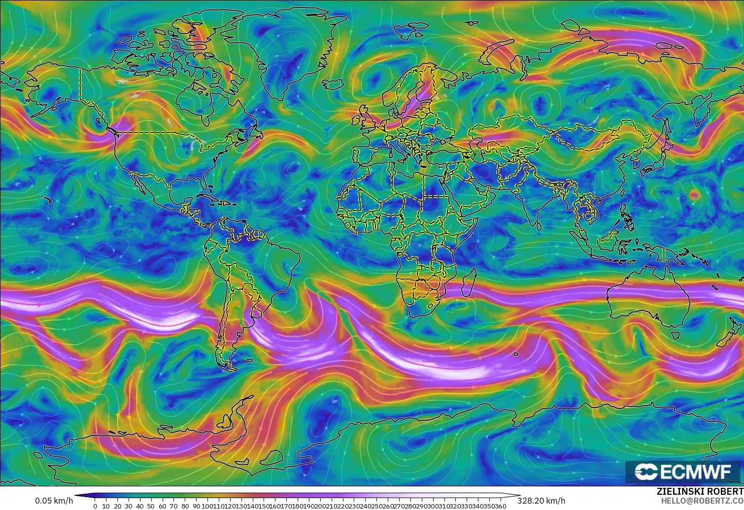 ECMWF IFS 0.25° modelo - Mundo, Viento a 300 hPa (corriente en chorro)