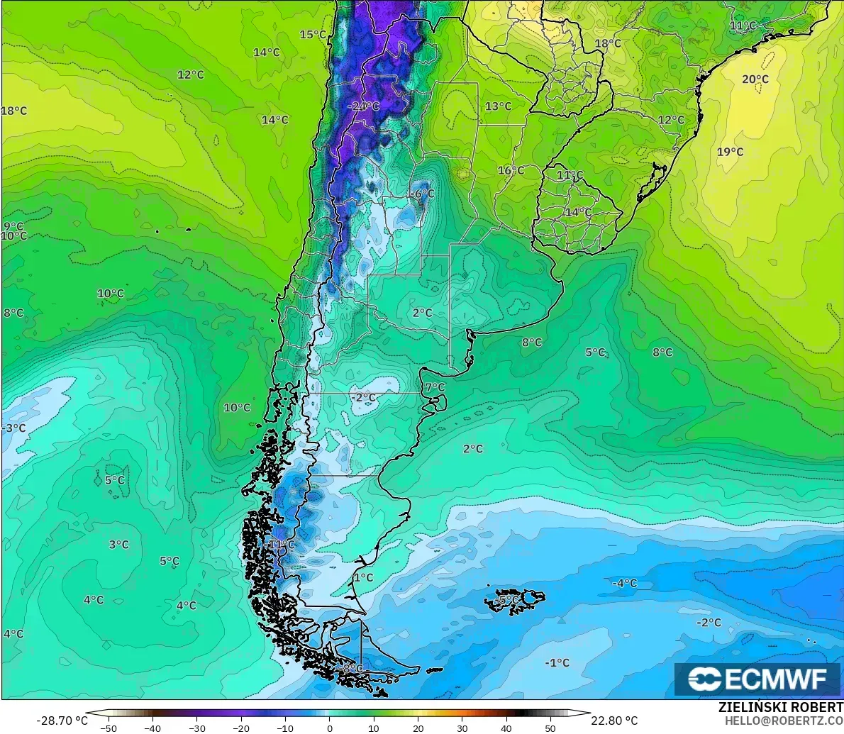 ECMWF IFS 0.25° modelo - Argentina, Punto de rocío a 2 m
