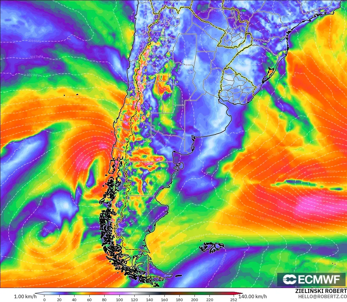 ECMWF IFS 0.25° modelo - Argentina, Ráfagas de Viento Máximas