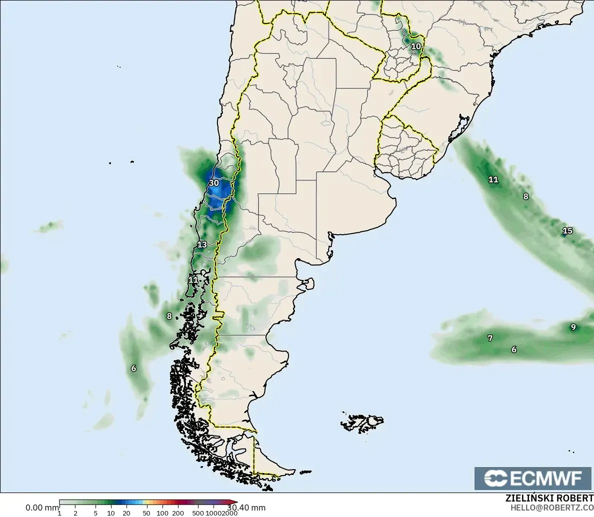 ECMWF IFS 0.25° modelo - Argentina, Acumulación de precipitación