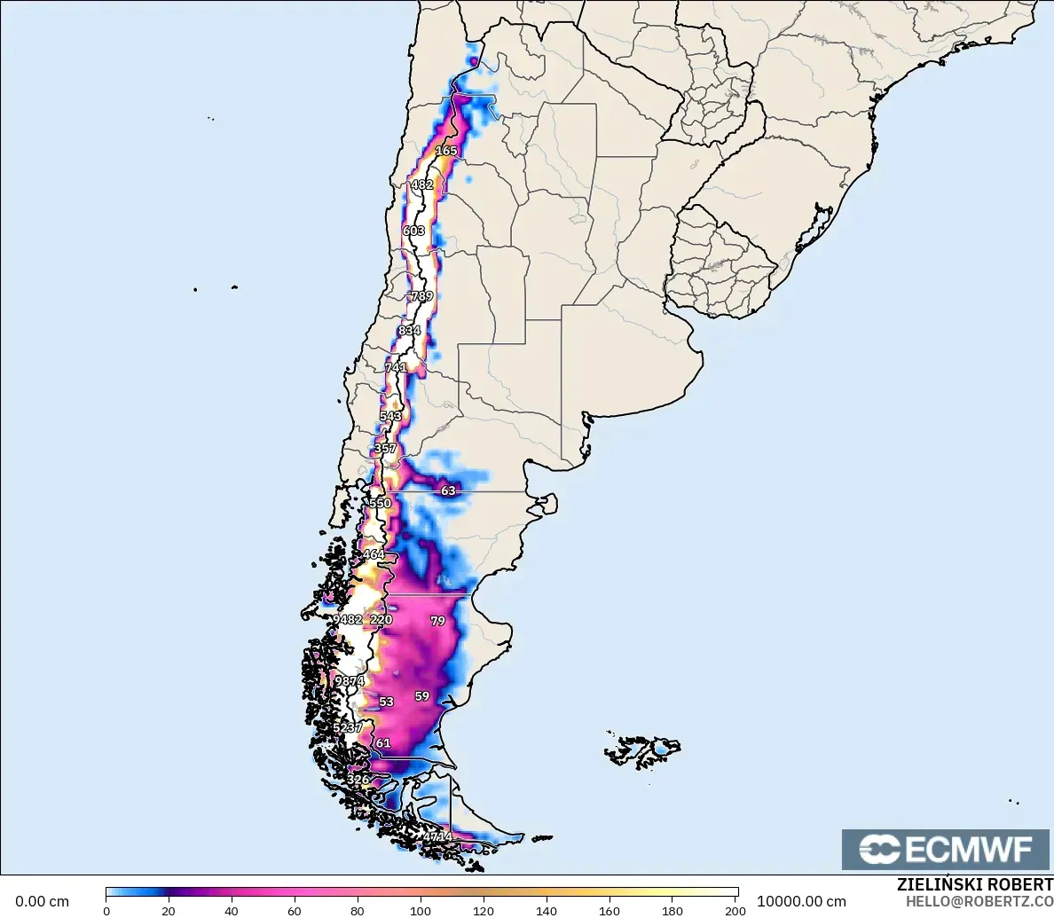 ECMWF IFS 0.25° modelo - Argentina, Profundidad de nieve