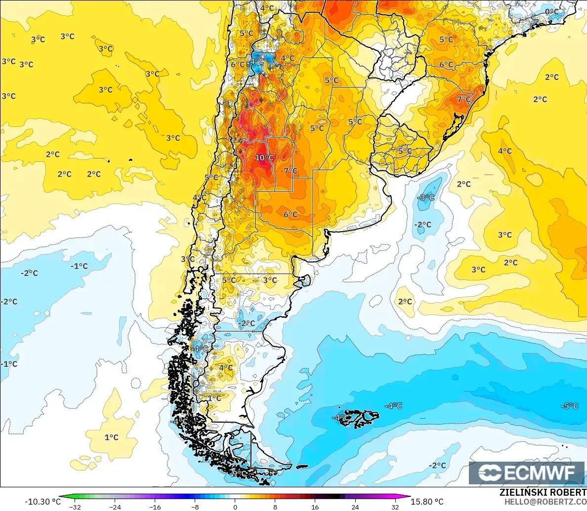 ECMWF IFS 0.25° modelo - Argentina, Anomalía de temperatura a 2 m