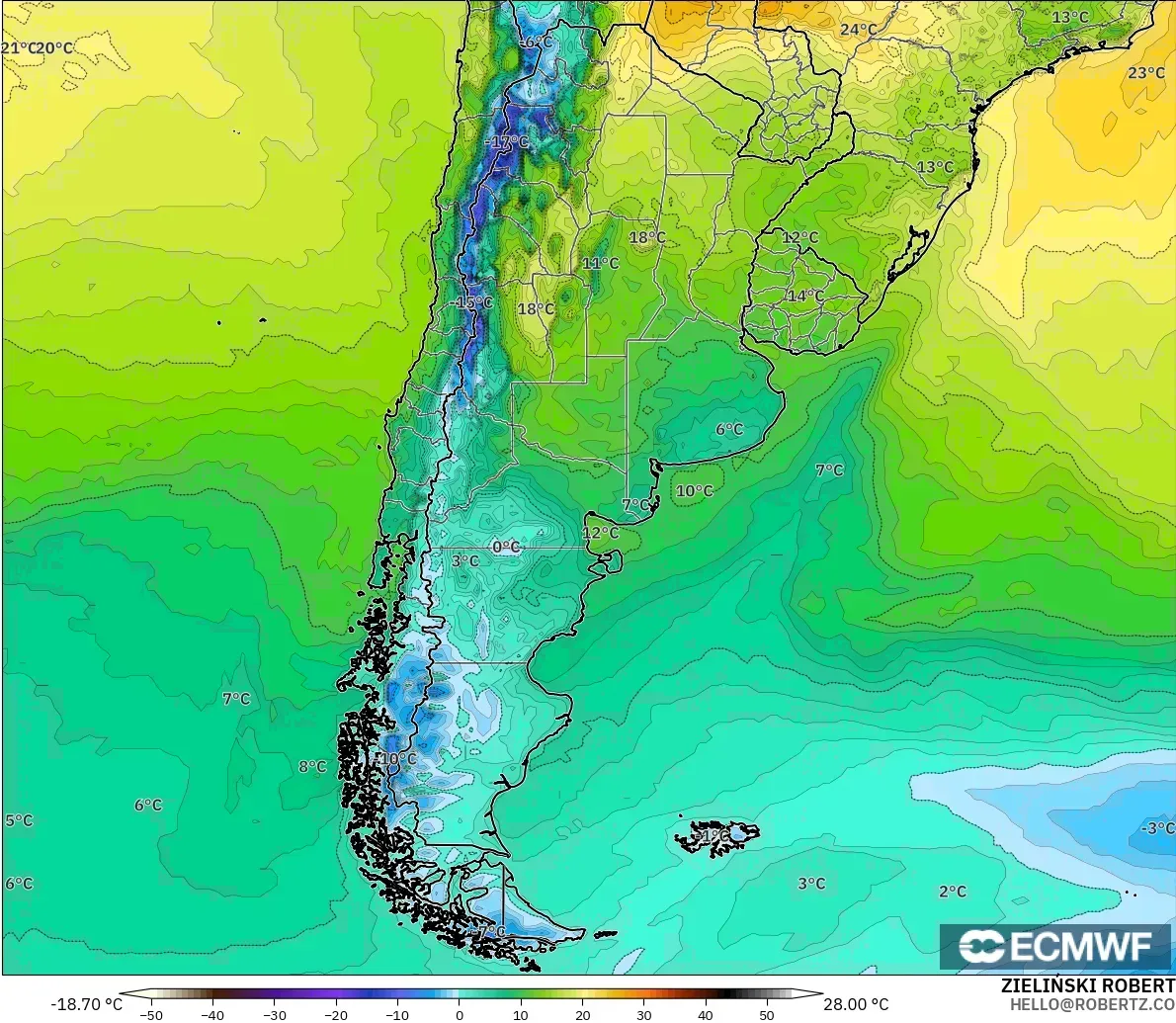 ECMWF IFS 0.25° modelo - Argentina, Temperatura a 2 m