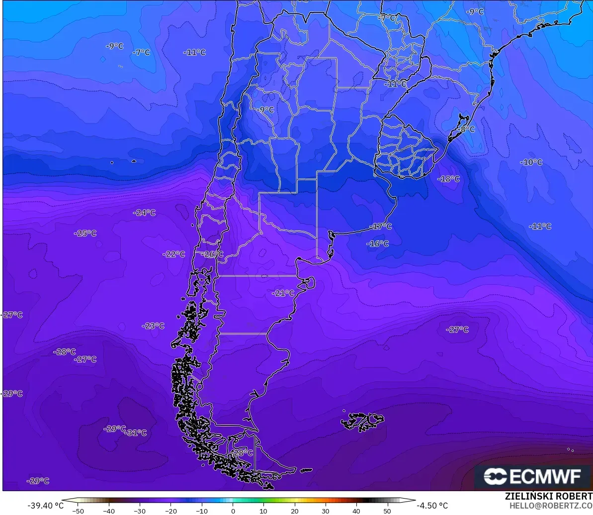ECMWF IFS 0.25° modelo - Argentina, Temperatura a 500 hPa