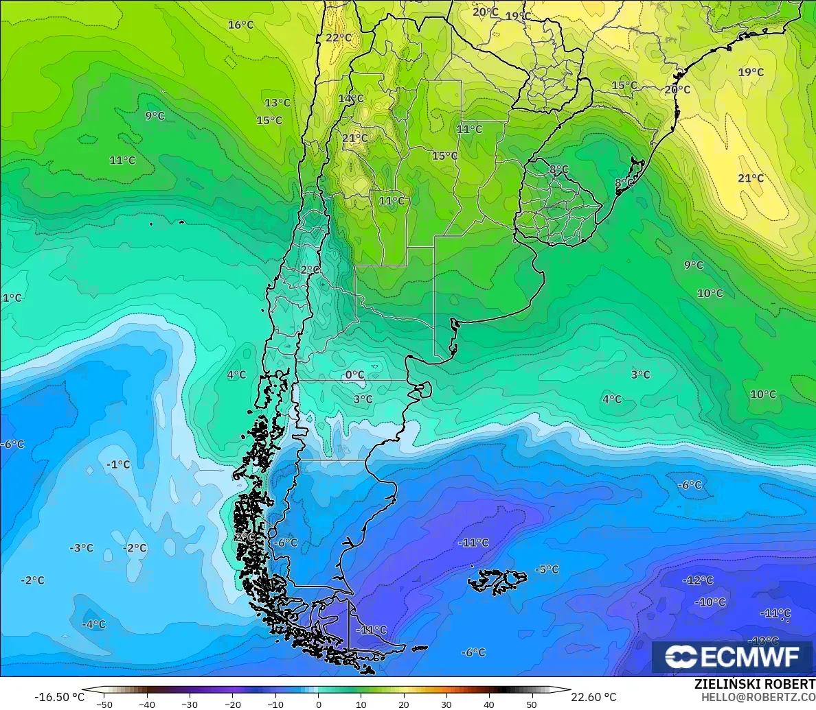 ECMWF IFS 0.25° modelo - Argentina, Temperatura a 850 hPa