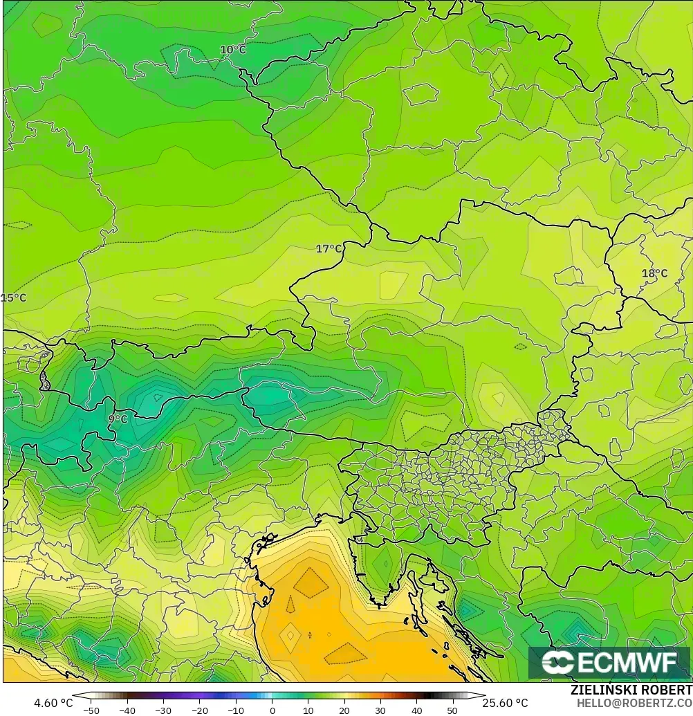 ECMWF IFS 0.25° modelo - Austria, Punto de rocío a 2 m