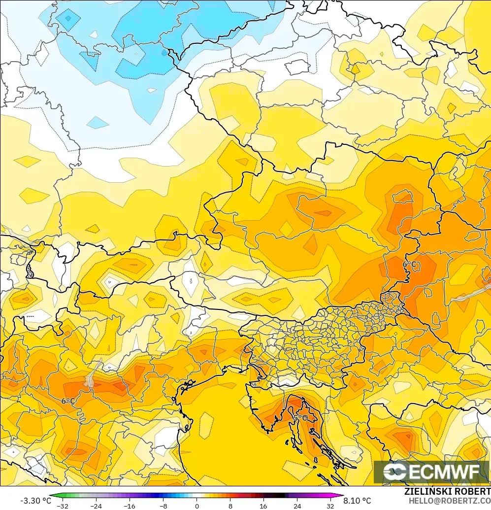 ECMWF IFS 0.25° modelo - Austria, Anomalía de temperatura a 2 m