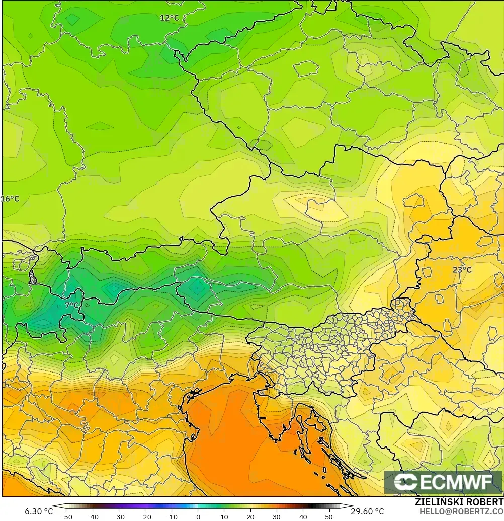 ECMWF IFS 0.25° modelo - Austria, Temperatura a 2 m