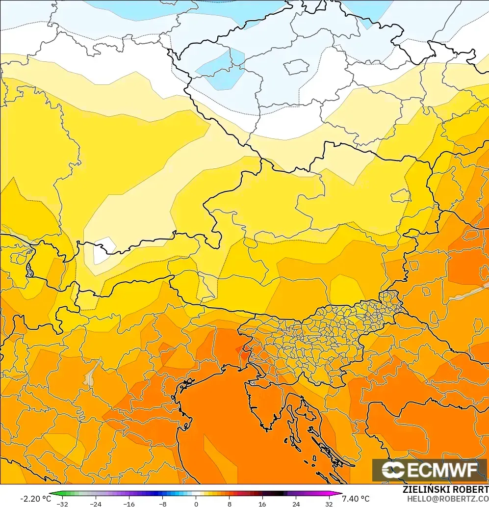 ECMWF IFS 0.25° modelo - Austria, Anomalía de temperatura a 850 hPa