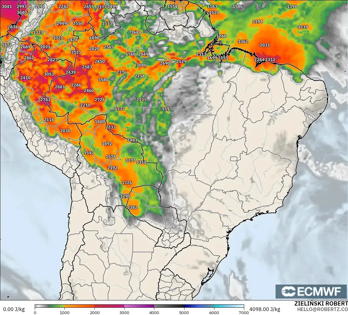 ECMWF IFS 0.25° modelo - Brasil, CAPE