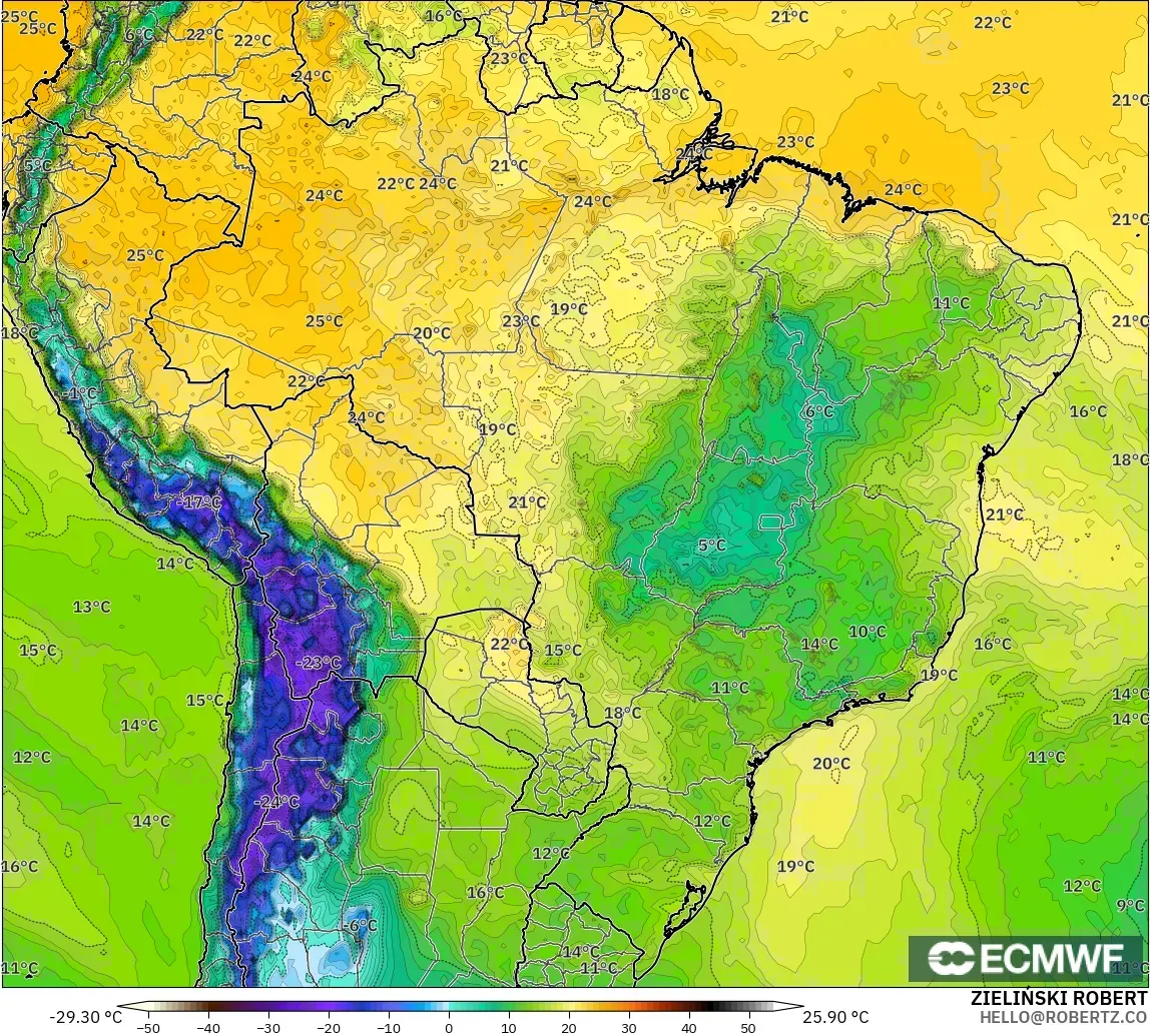 ECMWF IFS 0.25° modelo - Brasil, Punto de rocío a 2 m