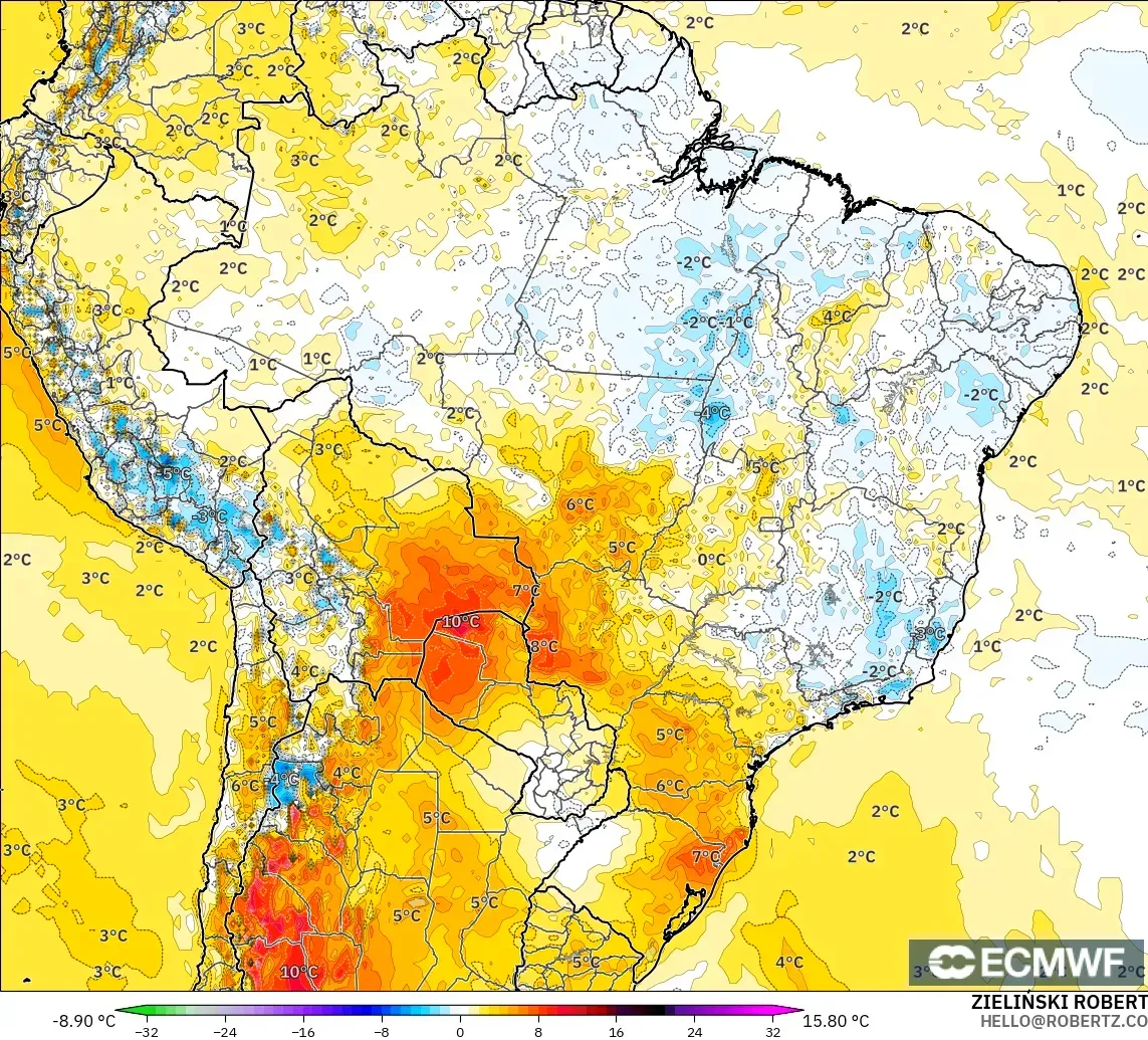 ECMWF IFS 0.25° modelo - Brasil, Anomalía de temperatura a 2 m