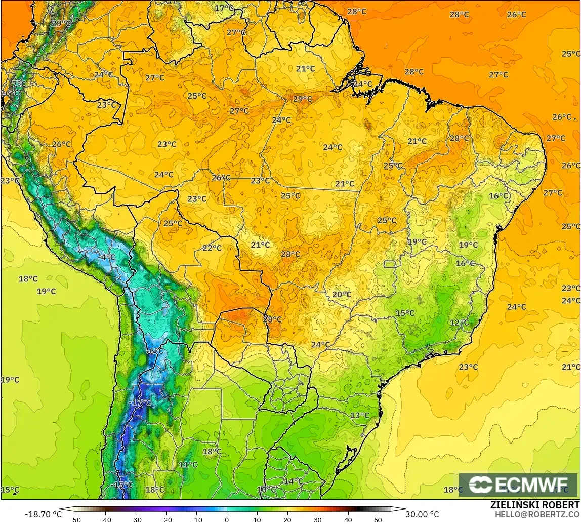 ECMWF IFS 0.25° modelo - Brasil, Temperatura a 2 m