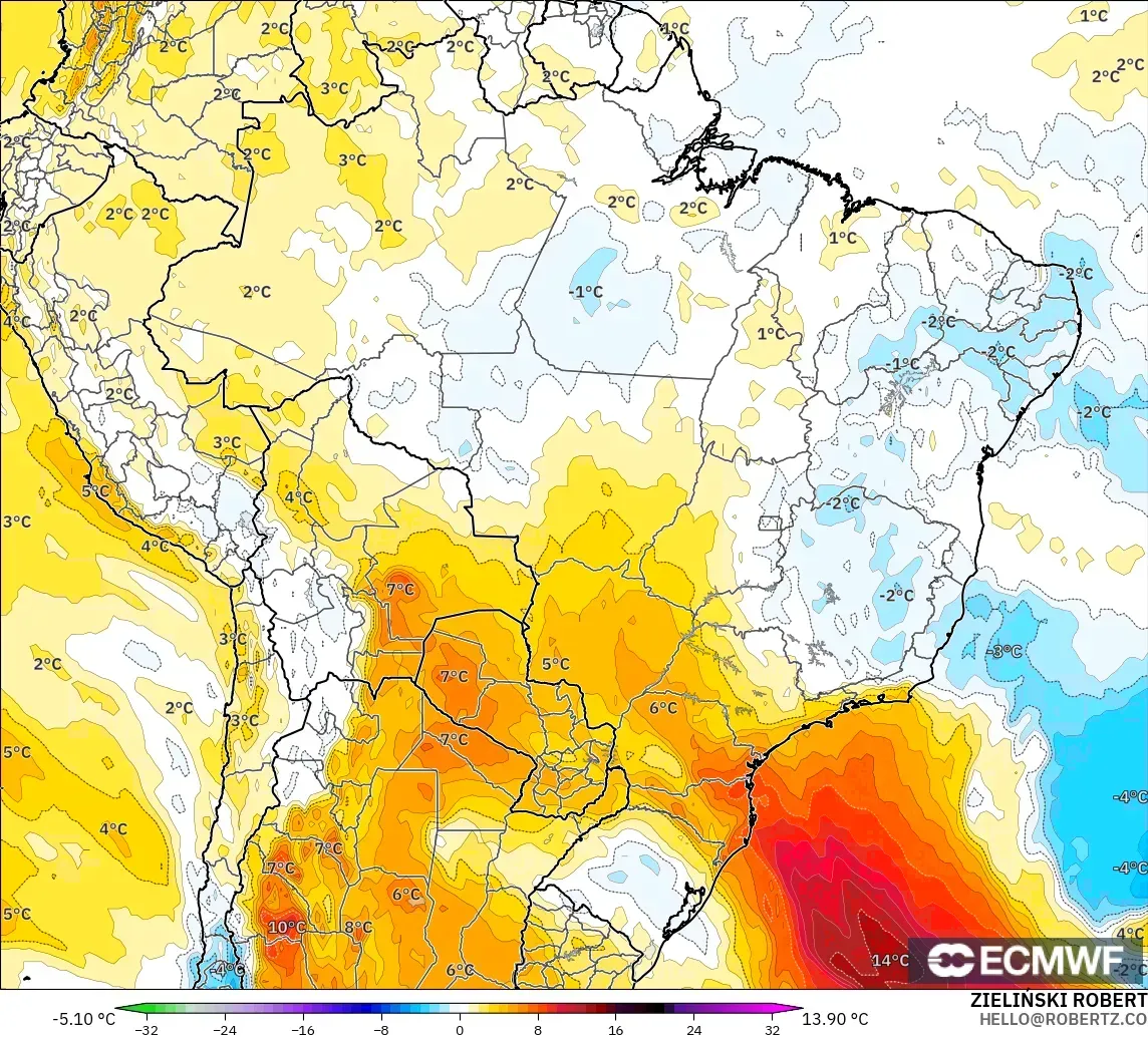 ECMWF IFS 0.25° modelo - Brasil, Anomalía de temperatura a 850 hPa