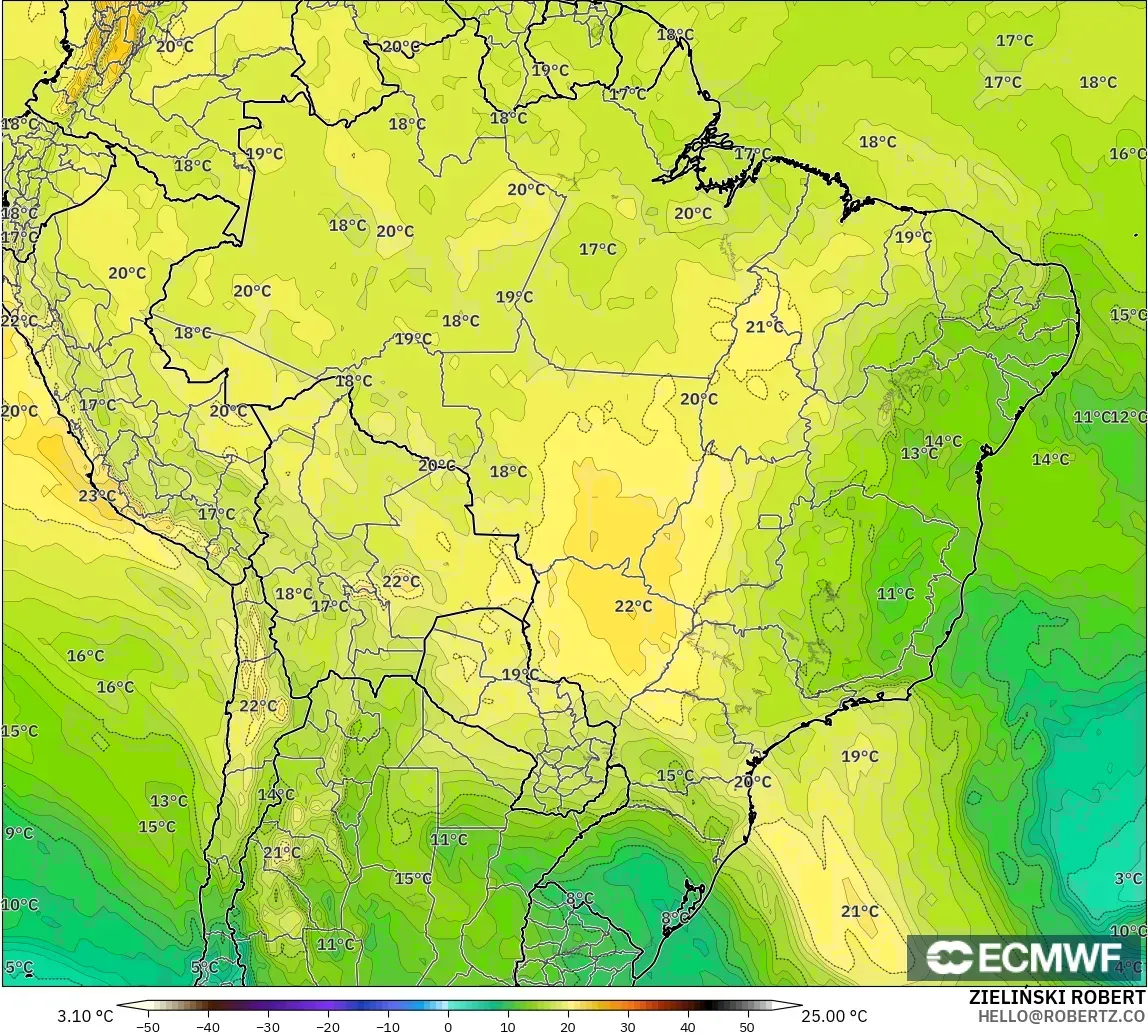 ECMWF IFS 0.25° modelo - Brasil, Temperatura a 850 hPa