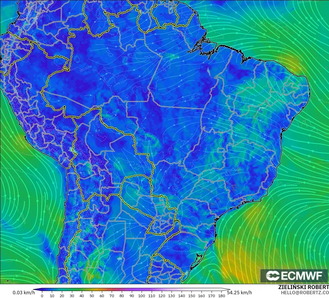 ECMWF IFS 0.25° modelo - Brasil, Viento a 10 m