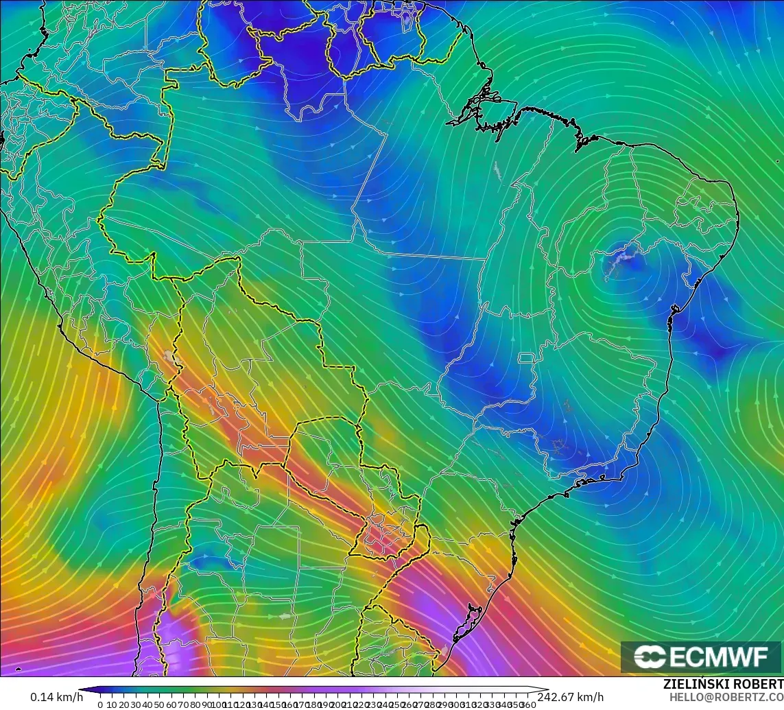 ECMWF IFS 0.25° modelo - Brasil, Viento a 300 hPa (corriente en chorro)