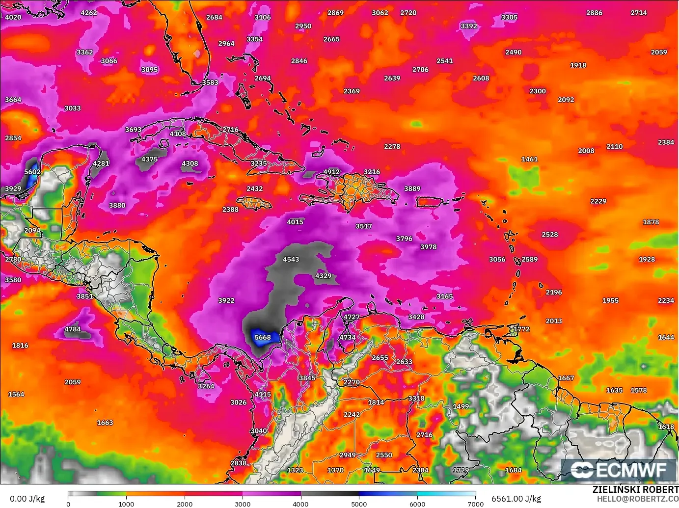 ECMWF IFS 0.25° modelo - Caribe, CAPE