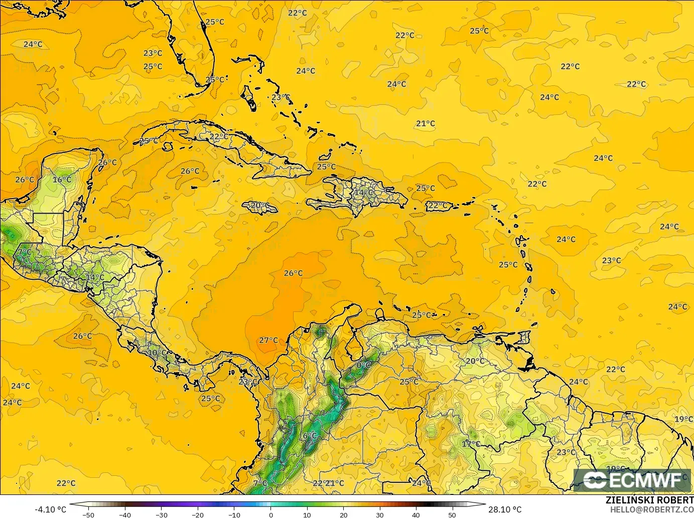ECMWF IFS 0.25° modelo - Caribe, Punto de rocío a 2 m