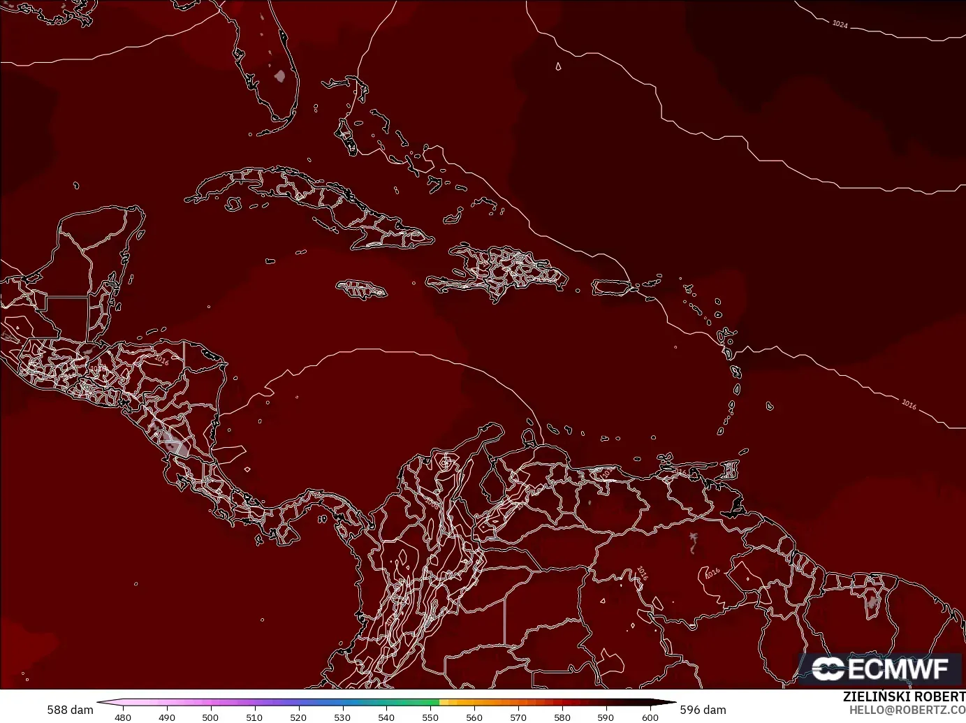 ECMWF IFS 0.25° modelo - Caribe, Altura geopotencial a 500 hPa