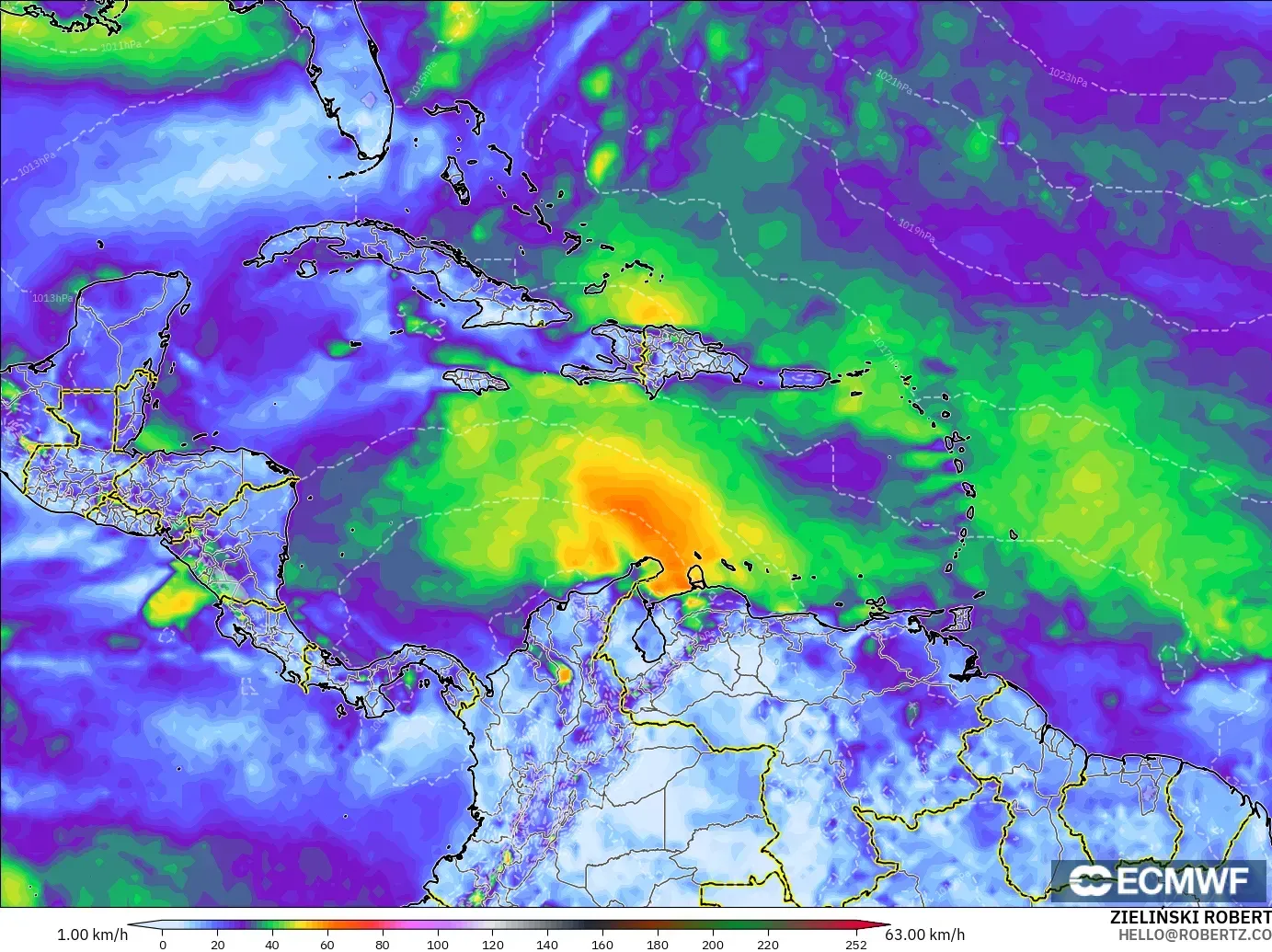 ECMWF IFS 0.25° modelo - Caribe, Ráfagas de Viento Máximas
