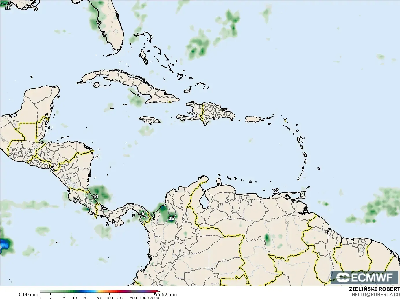 ECMWF IFS 0.25° modelo - Caribe, Acumulación de precipitación