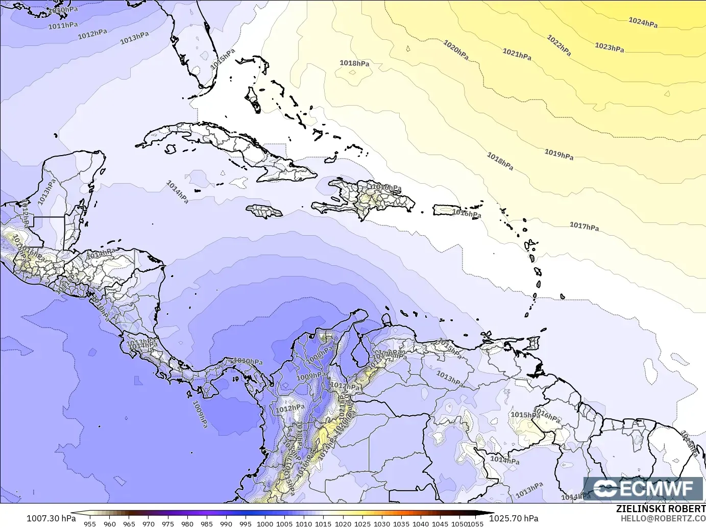 ECMWF IFS 0.25° modelo - Caribe, Presión