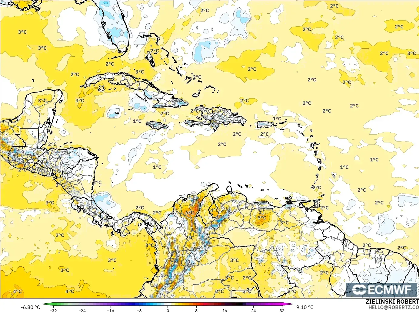 ECMWF IFS 0.25° modelo - Caribe, Anomalía de temperatura a 2 m
