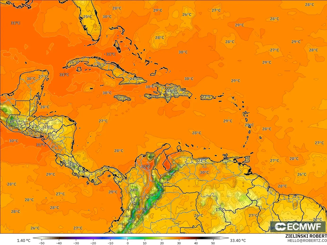 ECMWF IFS 0.25° modelo - Caribe, Temperatura a 2 m
