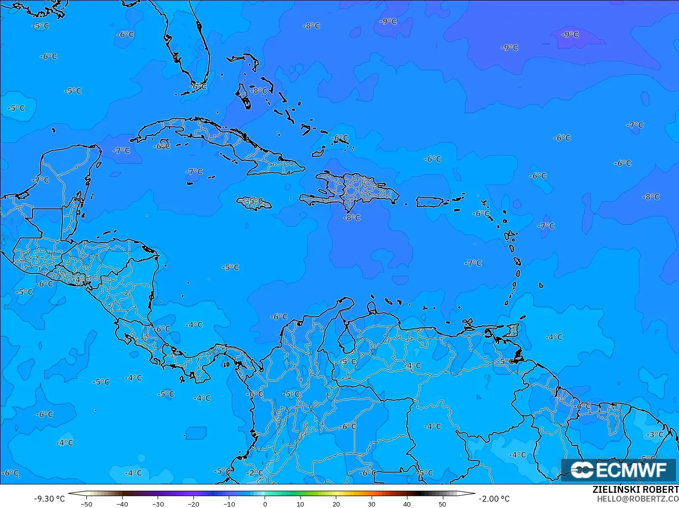 ECMWF IFS 0.25° modelo - Caribe, Temperatura a 500 hPa