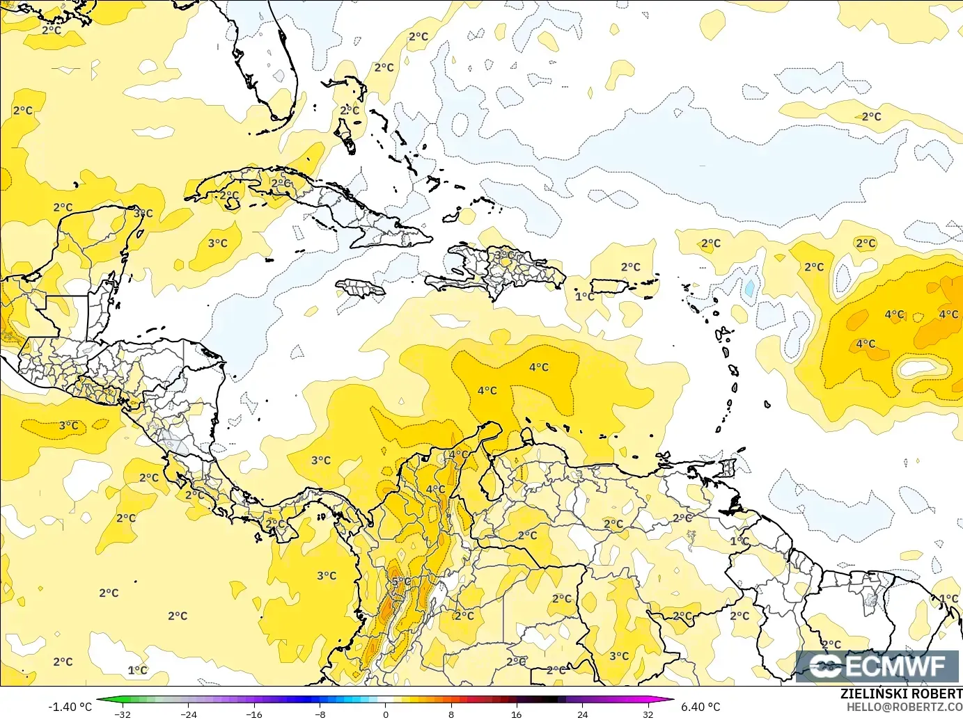 ECMWF IFS 0.25° modelo - Caribe, Anomalía de temperatura a 850 hPa