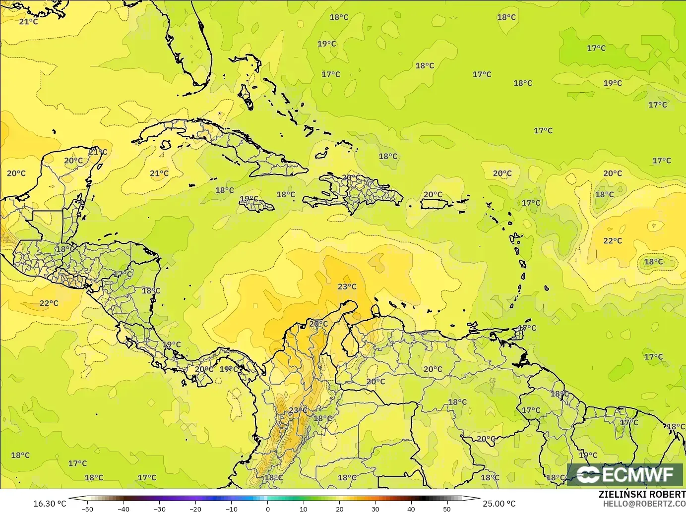 ECMWF IFS 0.25° modelo - Caribe, Temperatura a 850 hPa