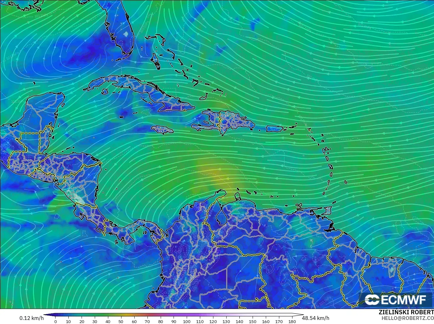ECMWF IFS 0.25° modelo - Caribe, Viento a 10 m