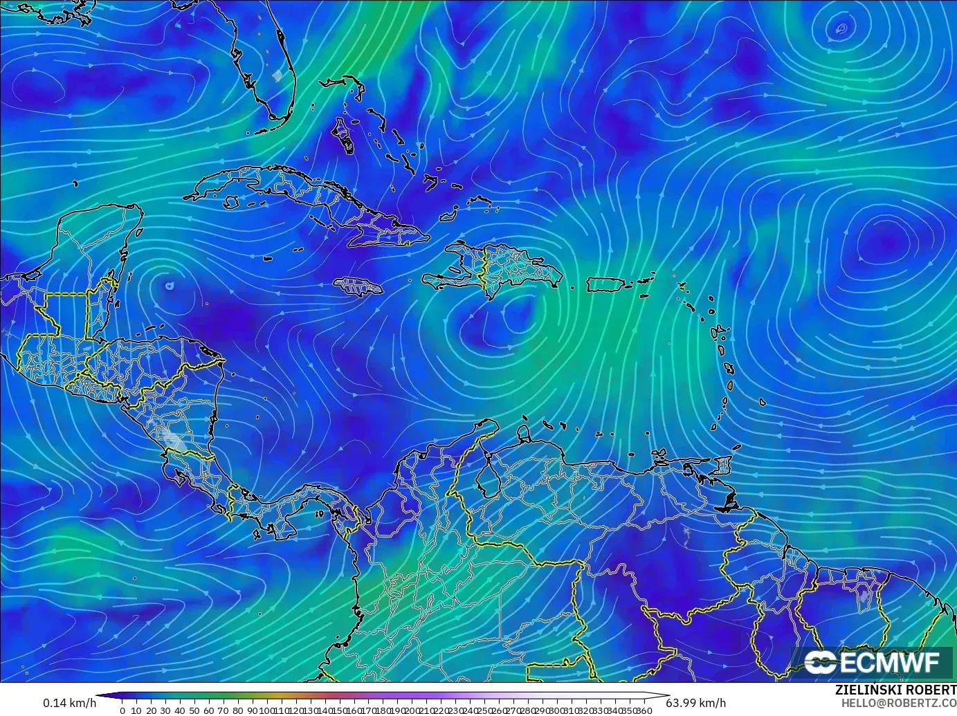 ECMWF IFS 0.25° modelo - Caribe, Viento a 300 hPa (corriente en chorro)