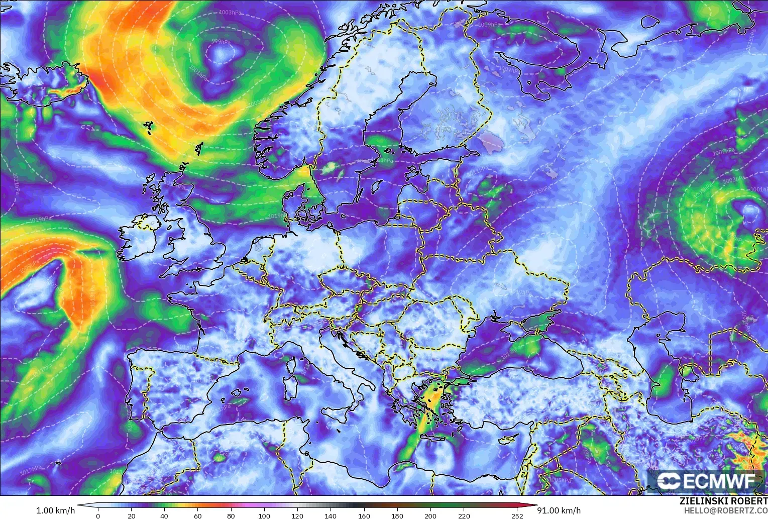 ECMWF IFS 0.25° modelo - Europa, Ráfagas de viento