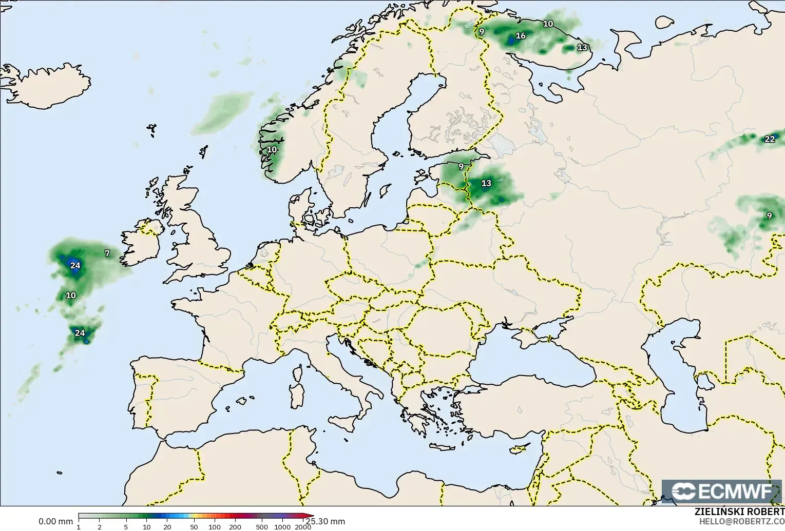 ECMWF IFS 0.25° modelo - Europa, Acumulación de precipitación