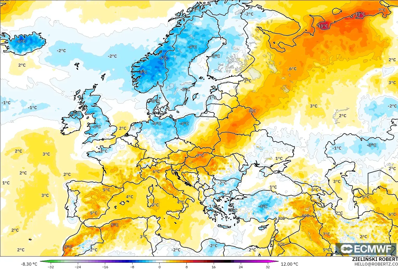 ECMWF IFS 0.25° modelo - Europa, Anomalía de temperatura a 2 m