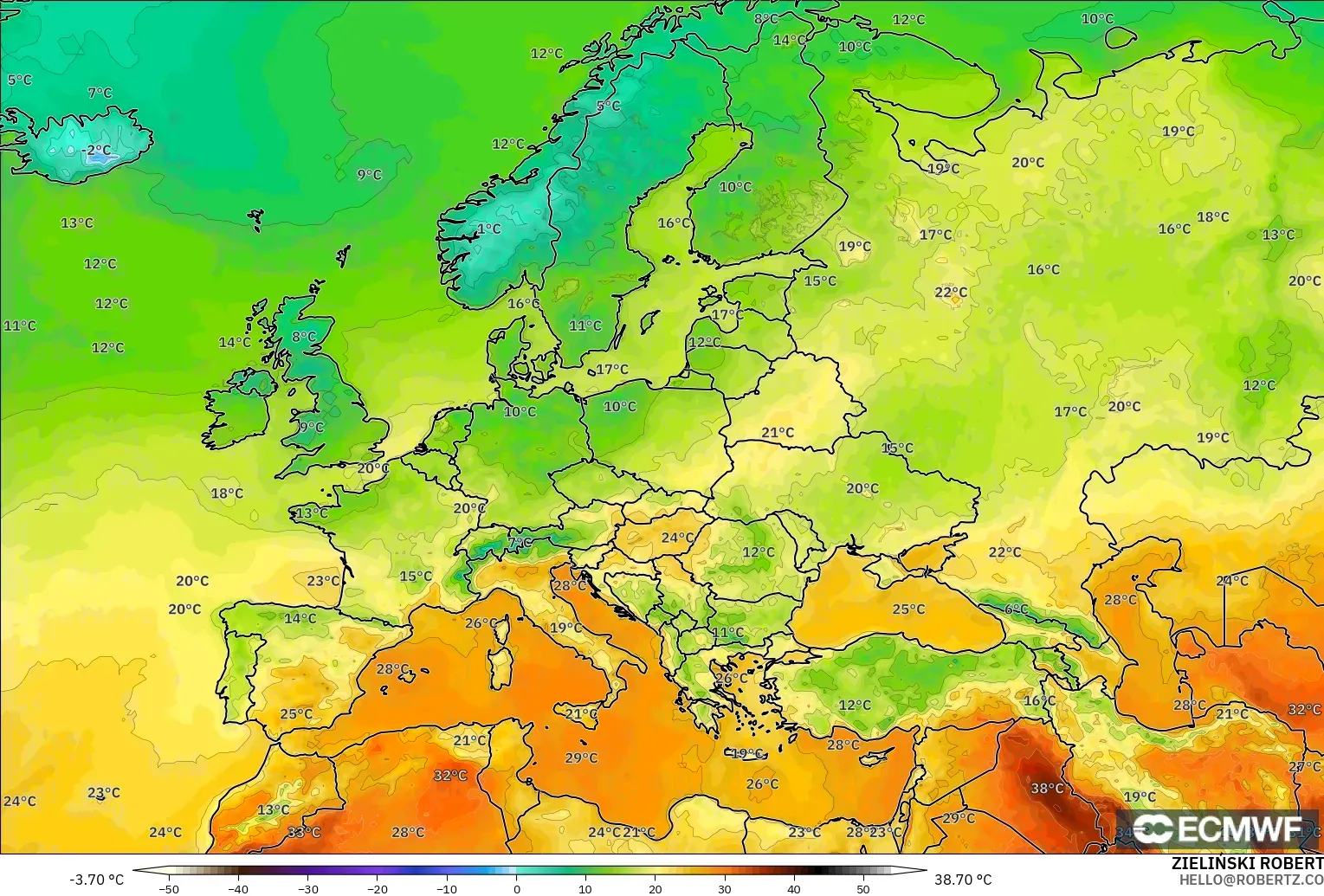 ECMWF IFS 0.25° modelo - Europa, Temperatura a 2 m