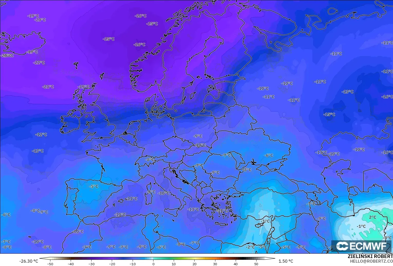 ECMWF IFS 0.25° modelo - Europa, Temperatura a 500 hPa