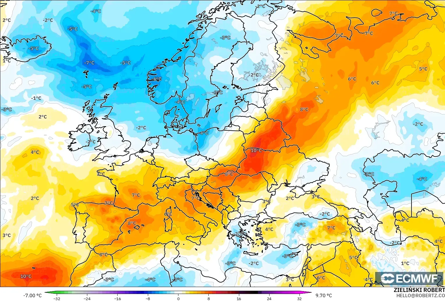 ECMWF IFS 0.25° modelo - Europa, Anomalía de temperatura a 850 hPa