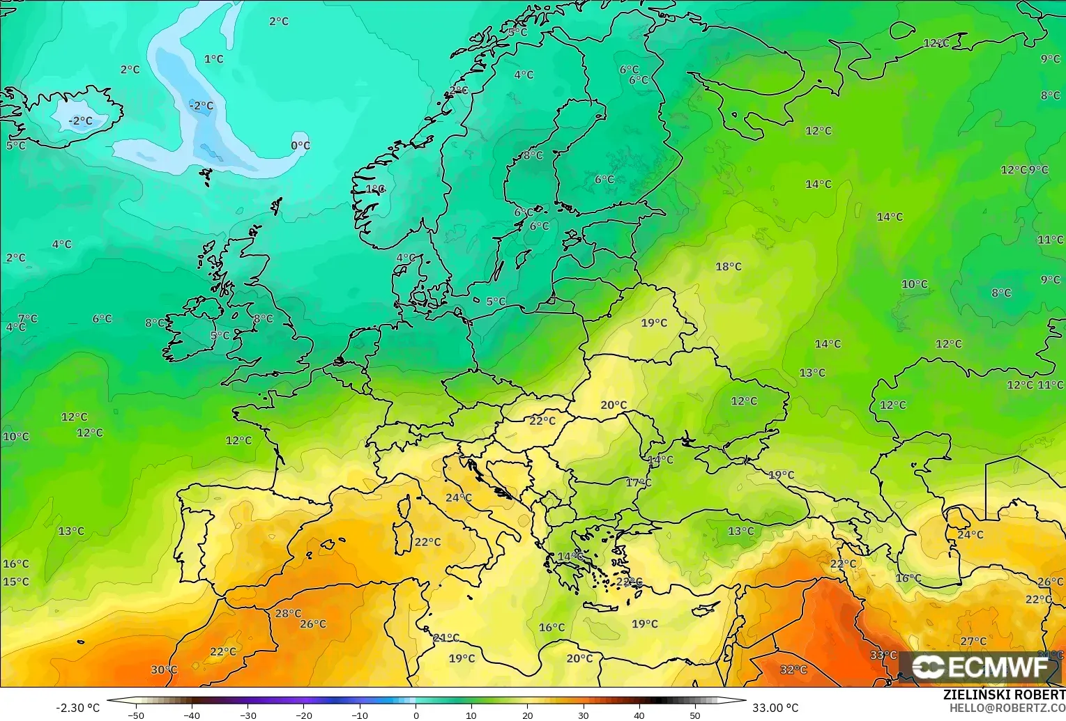 ECMWF IFS 0.25° modelo - Europa, Temperatura a 850 hPa