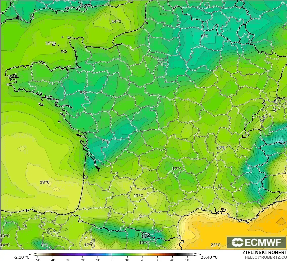ECMWF IFS 0.25° modelo - Francia, Punto de rocío a 2 m