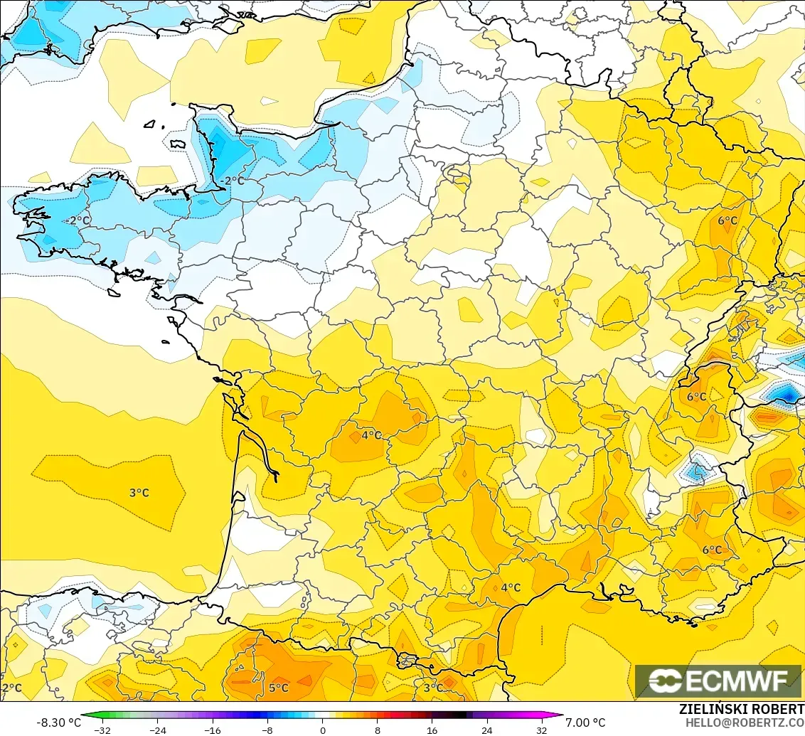 ECMWF IFS 0.25° modelo - Francia, Anomalía de temperatura a 2 m