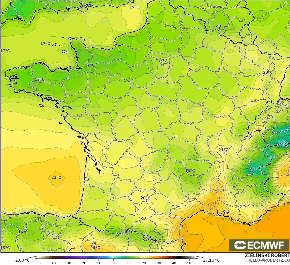 ECMWF IFS 0.25° modelo - Francia, Temperatura a 2 m