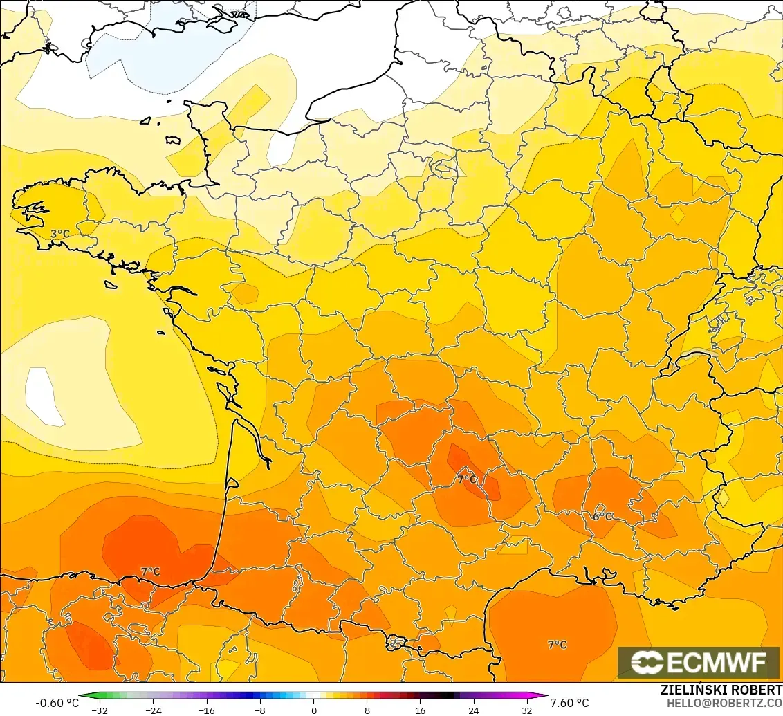 ECMWF IFS 0.25° modelo - Francia, Anomalía de temperatura a 850 hPa