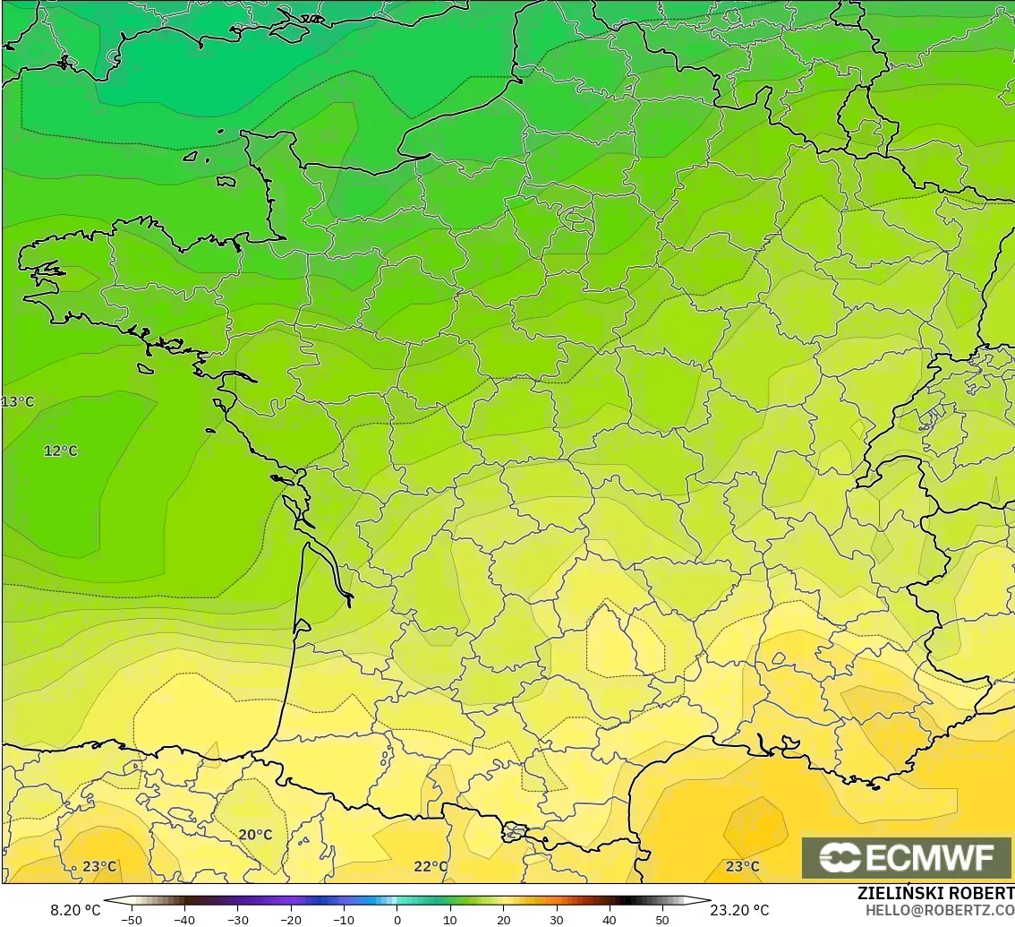 ECMWF IFS 0.25° modelo - Francia, Temperatura a 850 hPa