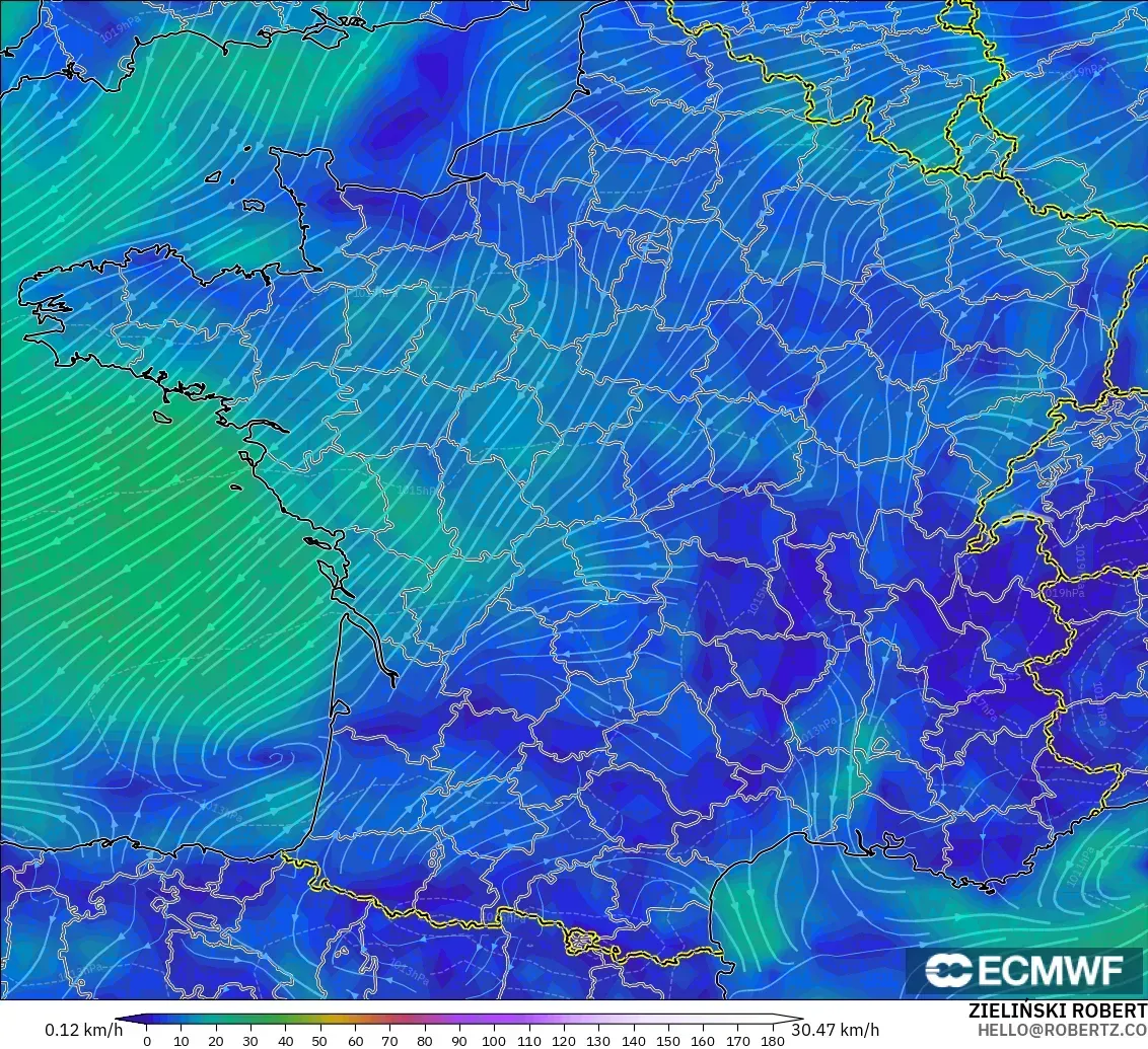ECMWF IFS 0.25° modelo - Francia, Viento a 10 m